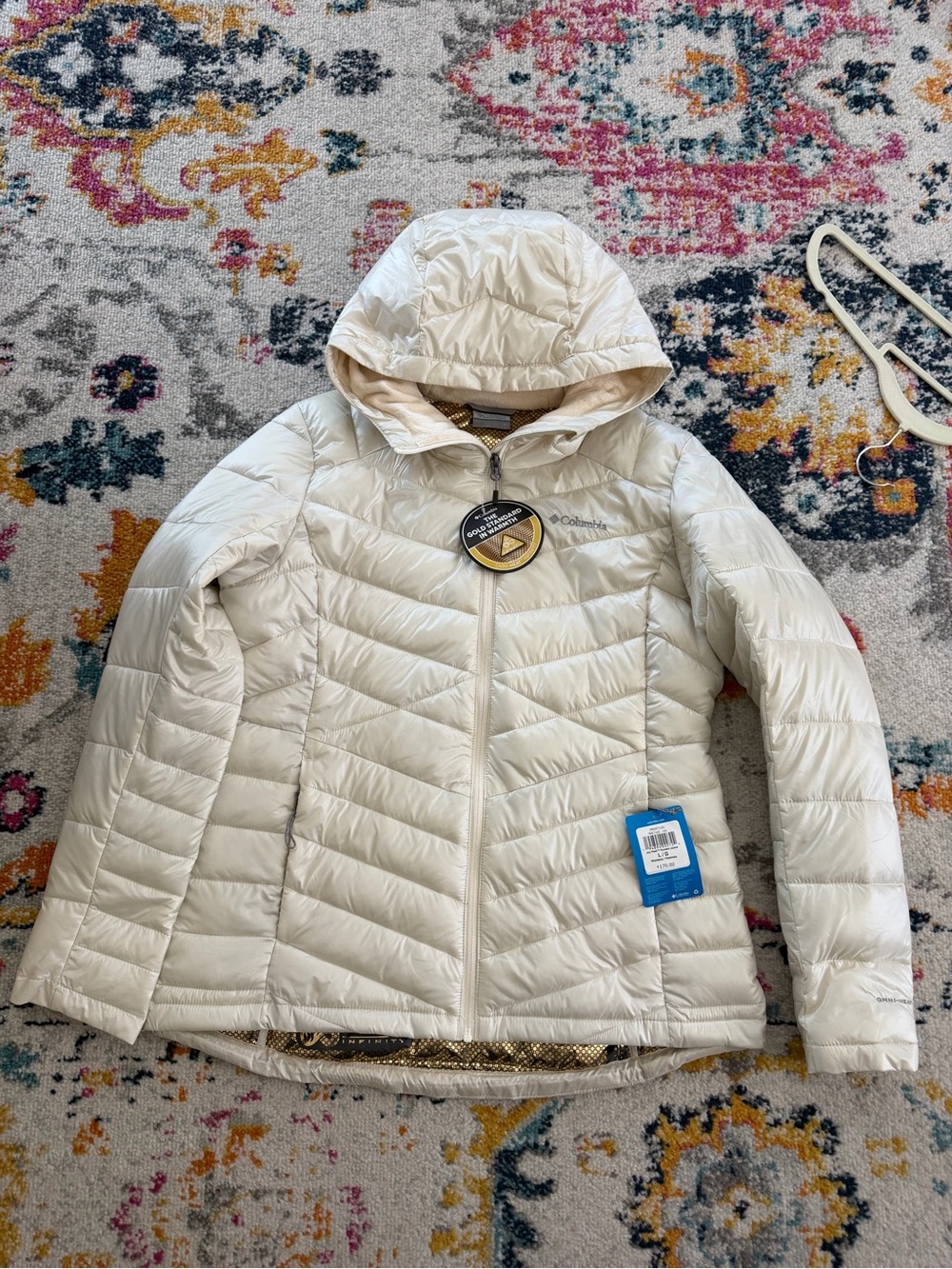 Columbia Joy Peak Womens Cream Omni Heat Infinity Hooded Puffer Jacket NWT